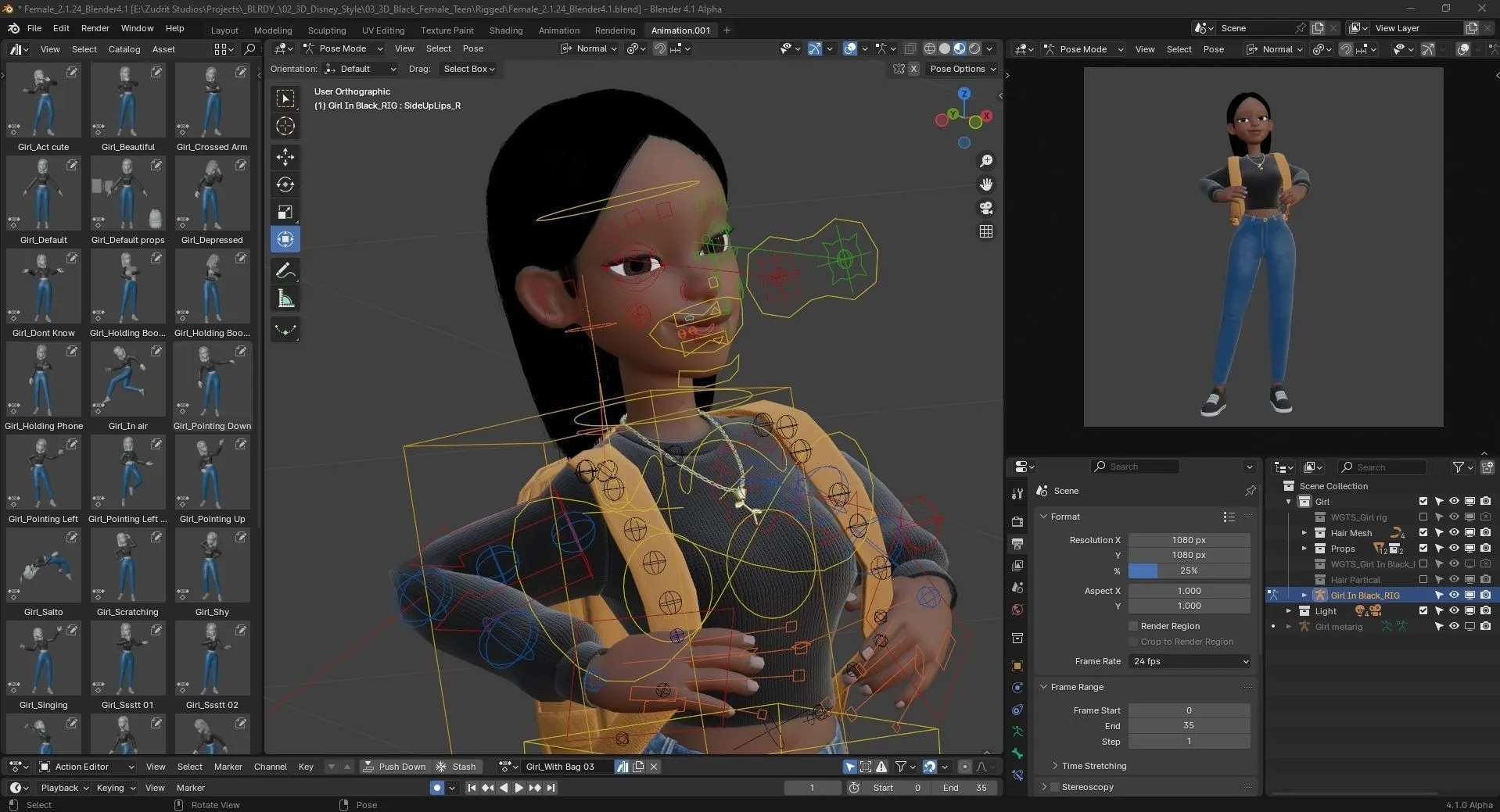Cartoon Black Woman Teen rigged character in Blender workspace showing file formats